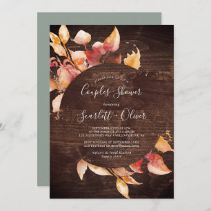Invitación Hojas de otoño   Ducha Rustic Brown Wood Couples