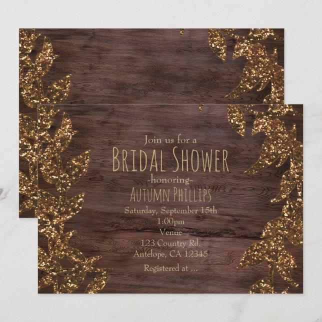 Invitación Hojas de Otoño Falsas Brillo Dorado Glam (Anverso / Reverso)