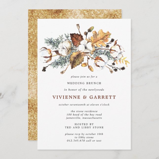 Invitación Hojas de Otoño Floral Blanco Brunch Post Boda (Anverso / Reverso)