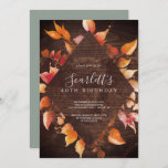 Invitación Hojas de otoño | Madera marrón rústica 40 cumpleañ<br><div class="desc">Este otoño deja una rústica invitación de madera marrón 40 cumpleaños es perfecta para una fiesta de cumpleaños en octubre. El diseño rústico del campo presenta unas impresionantes hojas de acuarela pintadas a mano en otoño, en tonos amarillos, naranjas quemados y rojo burdeos, que aparecen en un falso fondo de...</div>