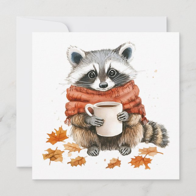 Invitación Hojas de otoño mapache de otoño acogedor con taza  (Anverso)
