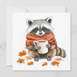 Invitación Hojas de otoño mapache de otoño acogedor con taza 