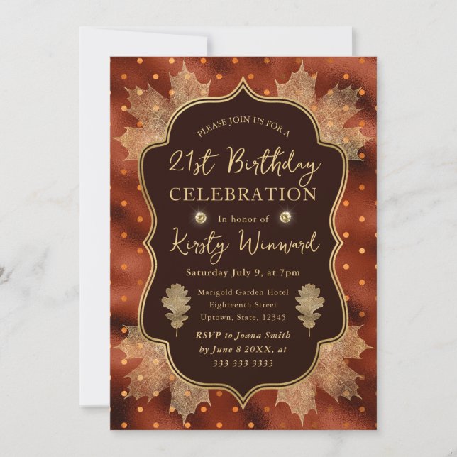 Invitación Hojas de otoño naranjas y doradas Cumpleaños 21 (Anverso)