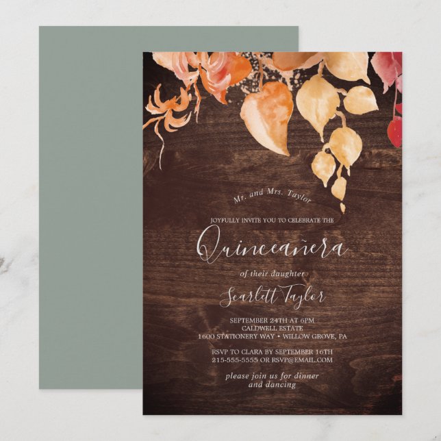 Invitación Hojas de otoño | Quinceañera de la Madera Marrón R (Anverso / Reverso)