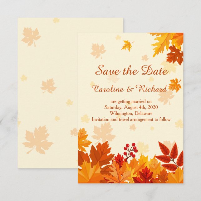 Invitación Hojas de otoño rojas y doradas Save the Date (Anverso / Reverso)