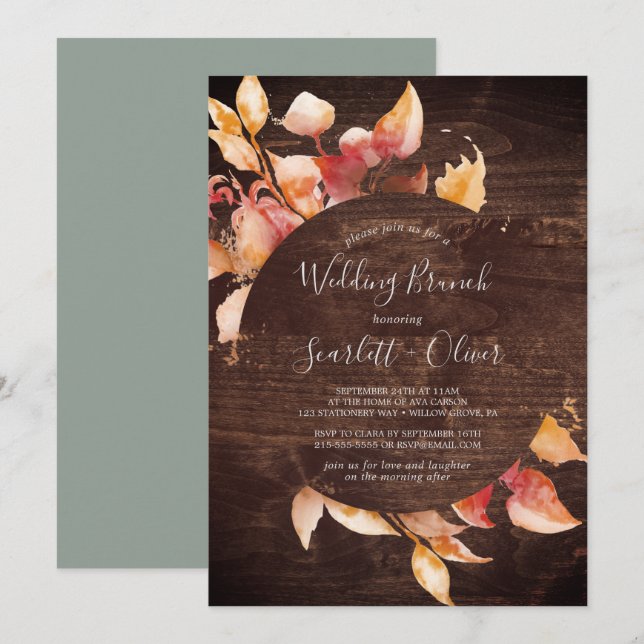 Invitación Hojas de otoño | Rústico Brunch Boda de Madera Mar (Anverso / Reverso)