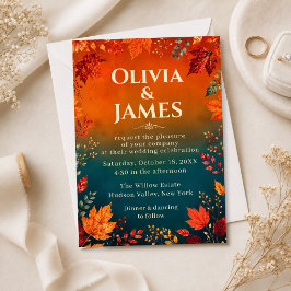 Invitación Hojas de otoño teñidas de azul teal y naranja esti