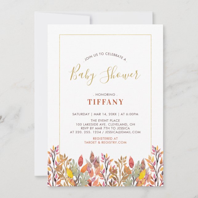 Invitación Hojas de otoño y Baby Shower de oro / salpicadura (Anverso)