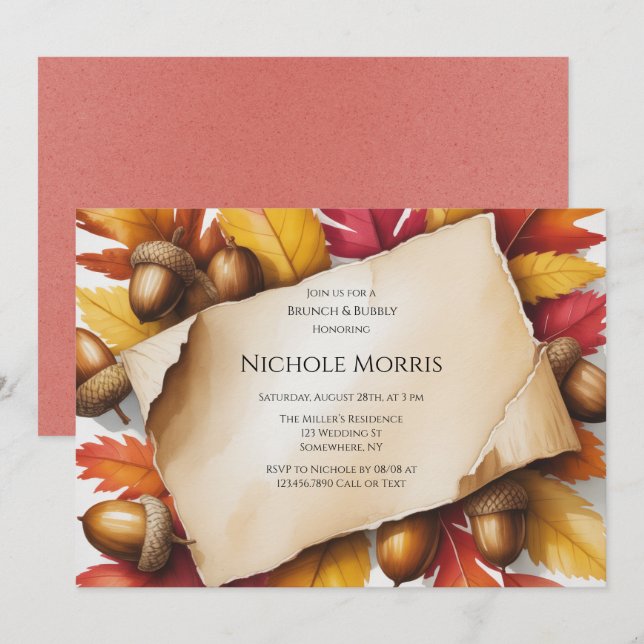 Invitación Hojas de Otoño y Bellotas Brunch Rústico y Burbuje (Anverso / Reverso)