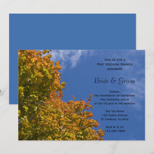 Invitación Hojas de otoño y Boda Brunch Blue Sky Post (Anverso / Reverso)