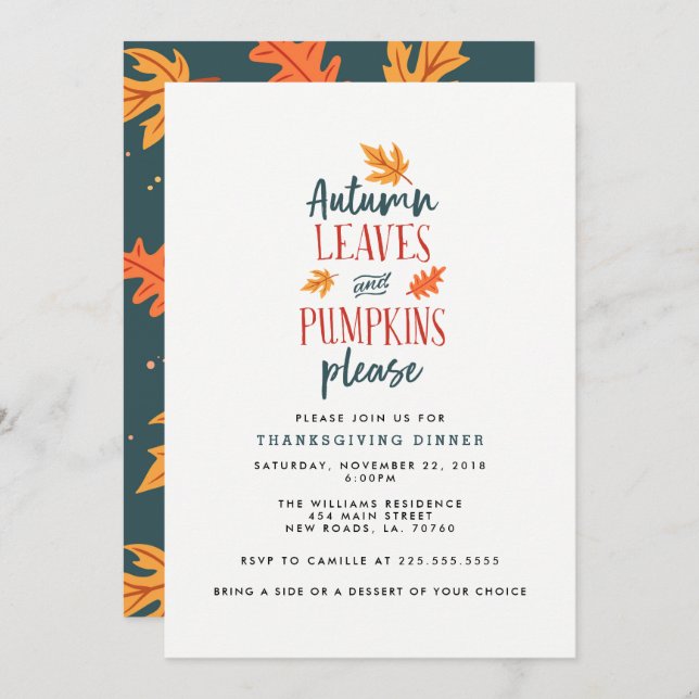 Invitación Hojas de otoño y calabazas por favor (Anverso / Reverso)