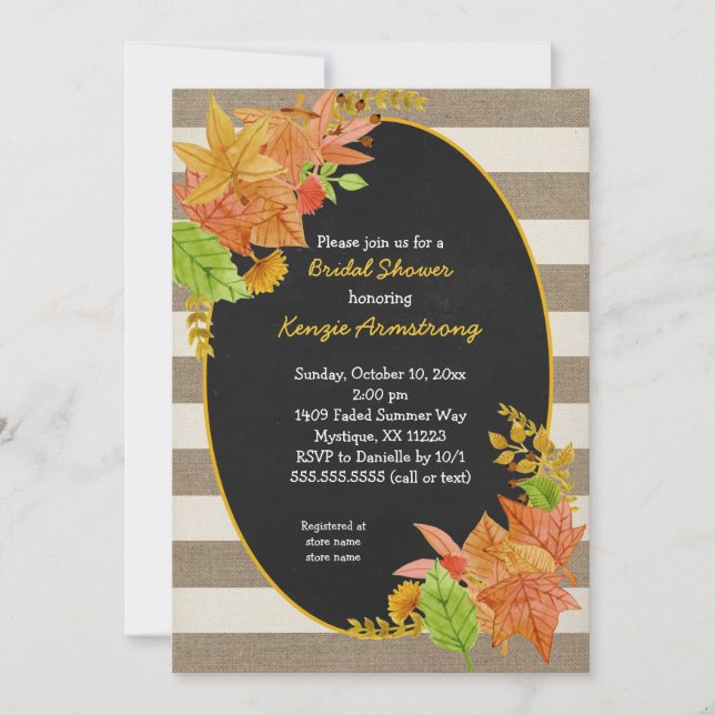 Invitación Hojas de otoño y ducha de novia Burlap Chalkboard (Anverso)