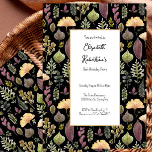Invitación Hojas de otoño y helechos en negro cumpleaños 75 