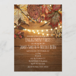 Invitación Hojas de otoño y luces de cuerda sobre madera rúst