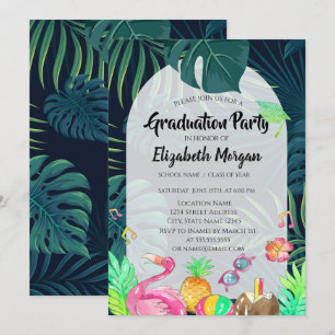 Invitación Hojas de Palma Brillantan Gorra de Graduación, Gra