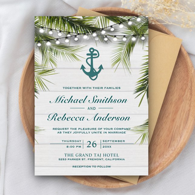 Invitación Hojas de Palma de Madera Blanqueada Ancla Azul Tea (Subido por el creador)