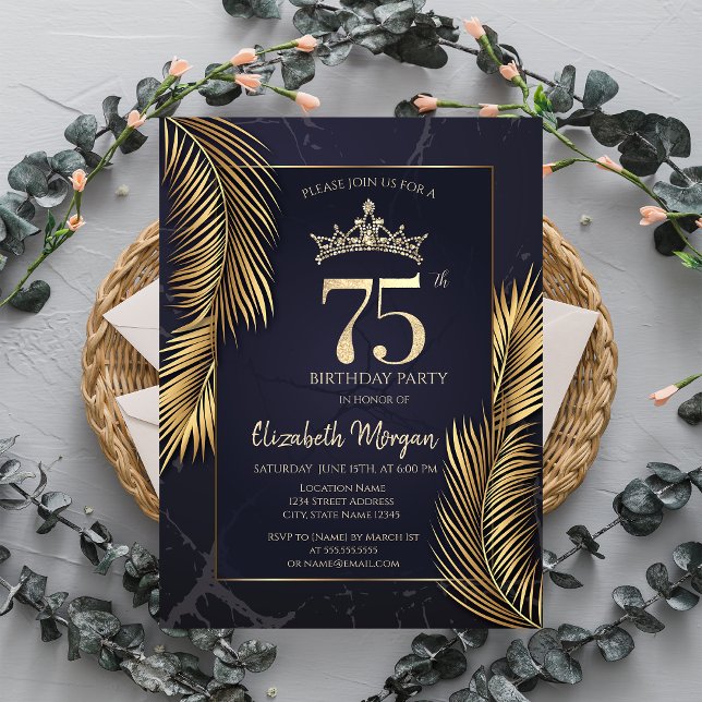 Invitación Hojas de palma de mármol dorado Cumpleaños 75 (Subido por el creador)