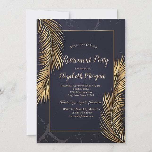 Invitación Hojas de palma de oro Mármol Jubilación (Anverso)