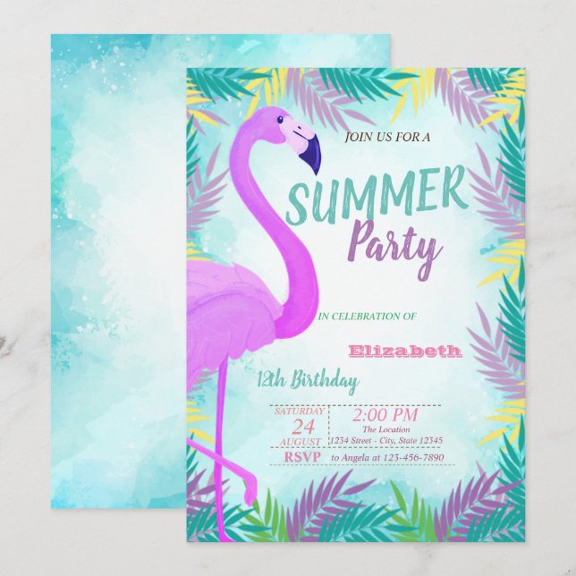 Invitación Hojas de palma, flamenco, fiesta de cumpleaños de  (Anverso / Reverso)