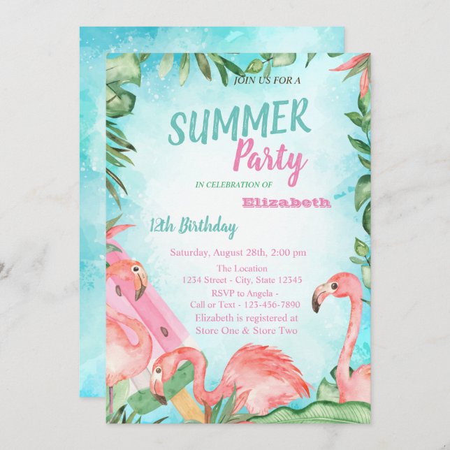 Invitación Hojas de palma, flamencos, fiesta de cumpleaños co (Anverso / Reverso)