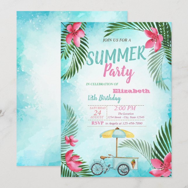 Invitación Hojas de palma, flores, fiesta de cumpleaños de la (Anverso / Reverso)