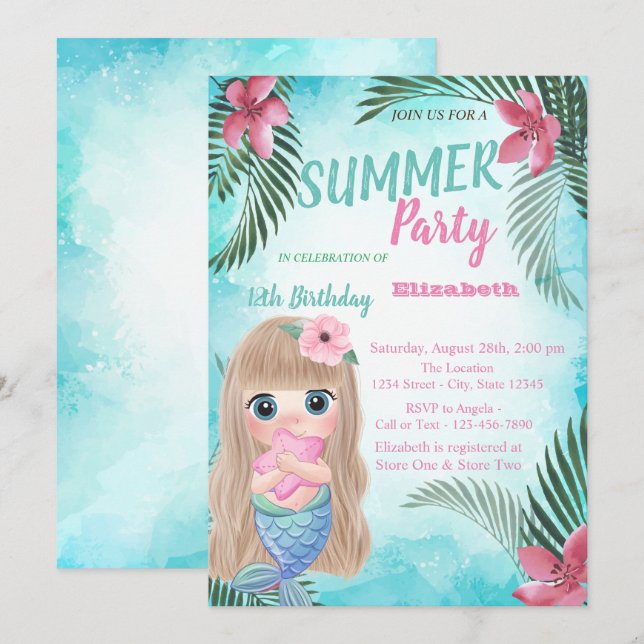 Invitación Hojas de palma, flores, fiesta de cumpleaños de Si (Anverso / Reverso)
