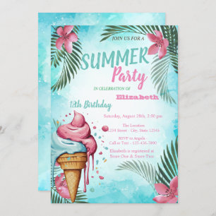 Invitación Hojas de palma, flores, helado de goteo Cumpleaños