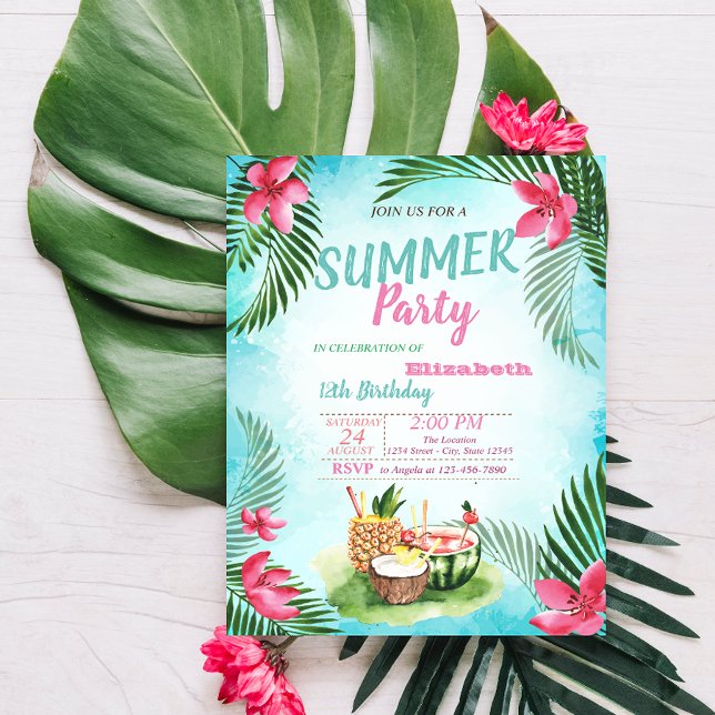 Invitación Hojas de palma, flores tropicales, fiesta de cumpl (Subido por el creador)