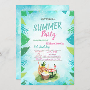 Invitación Hojas de palma, frutas tropicales, fiesta de cumpl