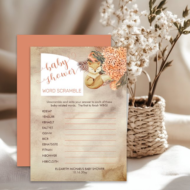 Invitación Hojas de palma | Hidrangeas Baby Shower Word Scram (Boho Palm Leaves and Hydrangeas Sleeping Fox Baby Shower Word Scramble Game Sheet - Print | Download)