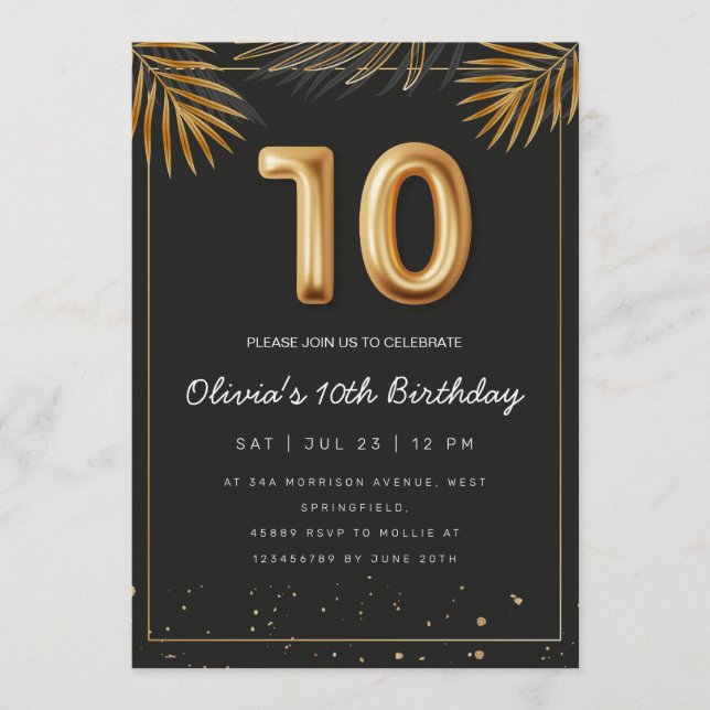 Invitación Hojas de Palma Tropical Dorada Cumpleaños 10  (Anverso)