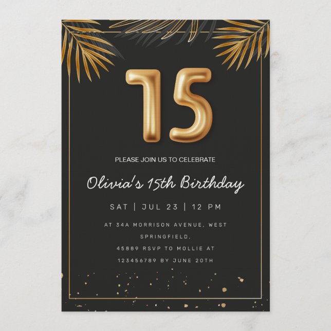 Invitación Hojas de Palma Tropical Dorada Cumpleaños 15 (Anverso)