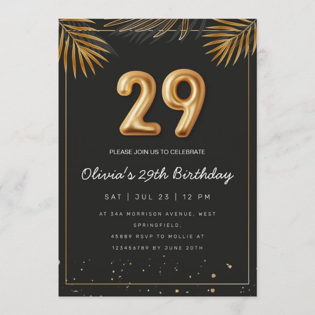 Invitación Hojas de Palma Tropical Dorada Cumpleaños 29  (Anverso)