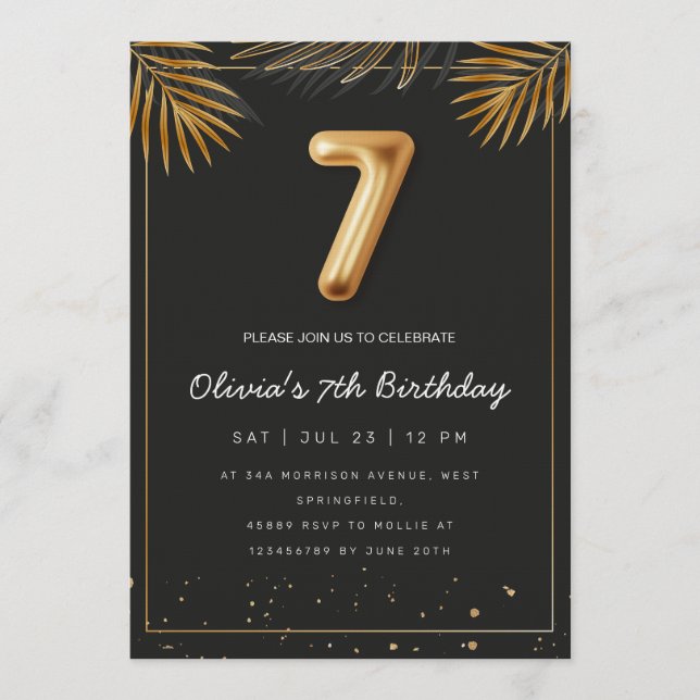 Invitación Hojas de Palma Tropical Dorada Cumpleaños 7 (Anverso)