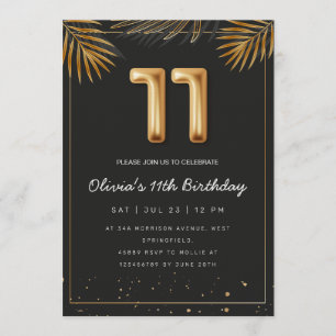 Invitación Hojas de Palma Tropical Doradas Cumpleaños 11