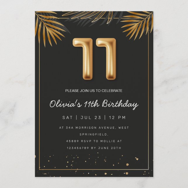 Invitación Hojas de Palma Tropical Doradas Cumpleaños 11  (Anverso)