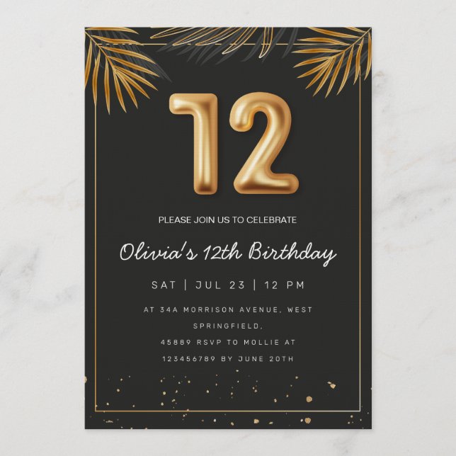 Invitación Hojas de Palma Tropical Doradas Cumpleaños 12  (Anverso)