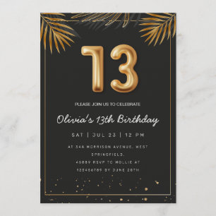 Invitación Hojas de Palma Tropical Doradas Cumpleaños 13