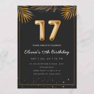 Invitación Hojas de Palma Tropical Doradas Cumpleaños 17 