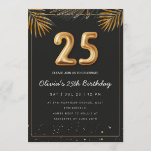 Invitación Hojas de Palma Tropical Doradas Cumpleaños 25 