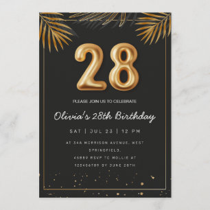 Invitación Hojas de Palma Tropical Doradas Cumpleaños 28