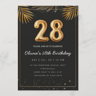 Invitación Hojas de Palma Tropical Doradas Cumpleaños 28