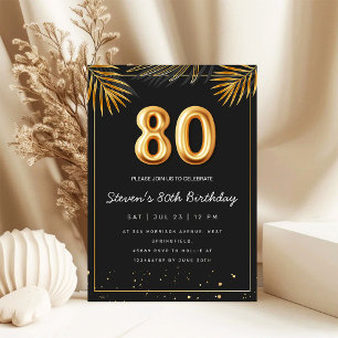 Invitación Hojas de Palma Tropical Doradas Cumpleaños 80