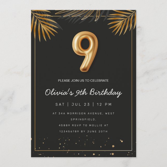 Invitación Hojas de Palma Tropical Doradas Cumpleaños 9  (Anverso)