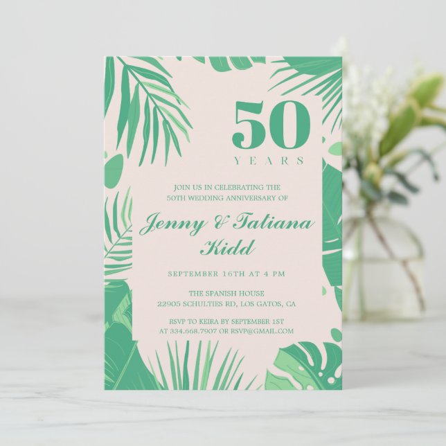 Invitación hojas de palma tropicales 50° aniversario Boda (Anverso de pie)