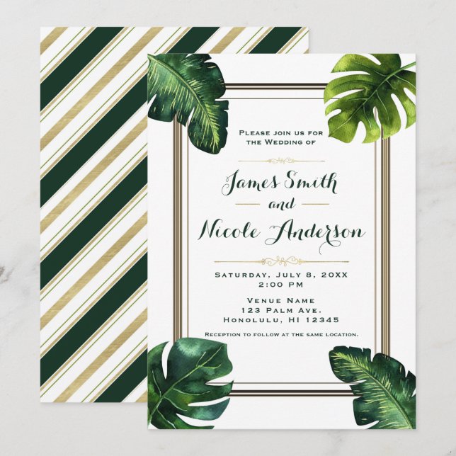 Invitación Hojas de Palma Tropicales Boda Blanca Verde y Dora (Anverso / Reverso)