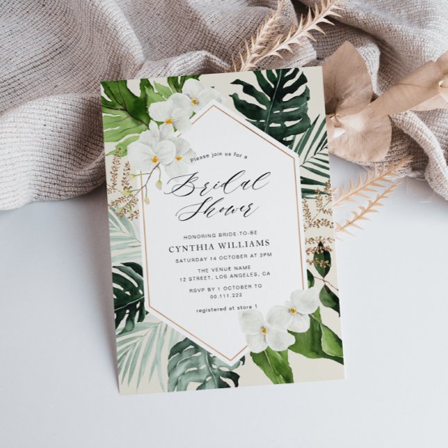 Invitación hojas de palma tropicales con flores pintadas duch (Subido por el creador)