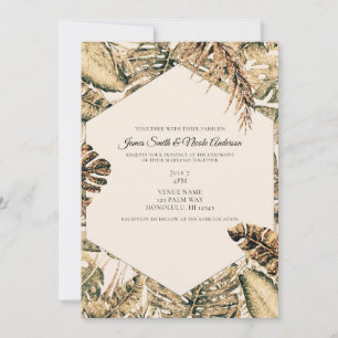 Invitación Hojas de Palma Tropicales de Boda con Brillo de Or
