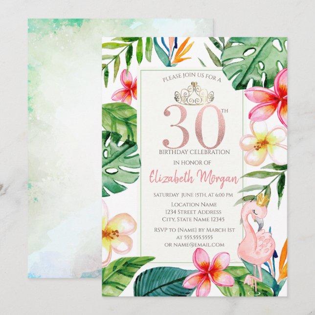 Invitación Hojas de Palma Tropicales Flores Flamenco Rosa 30t (Anverso / Reverso)