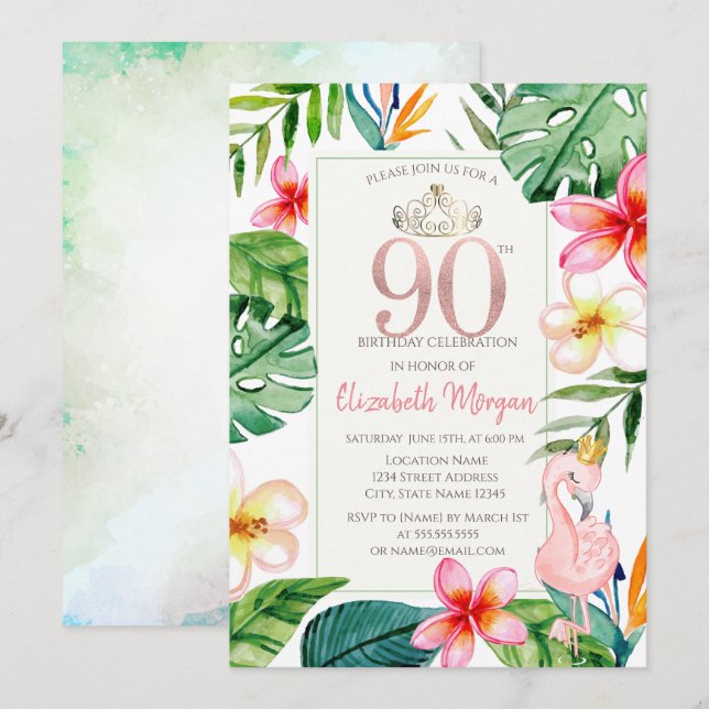 Invitación Hojas de Palma Tropicales Flores Flamenco Rosa 90º (Anverso / Reverso)